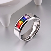 Men&#39;s High Quality Titanium Steel Rainbow Pride Zirconia Ring - £15.79 GBP