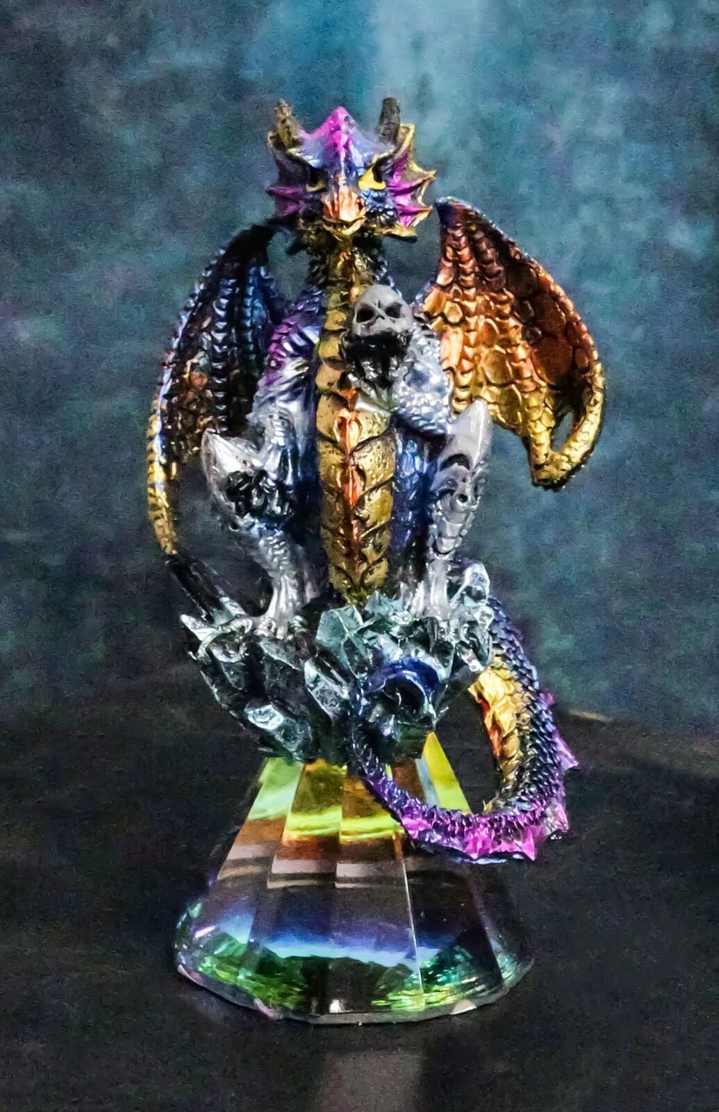 Iridescent Armored Rainbow Wyrmling Dragon Skull On Faux Crystal Prism F... - $17.99