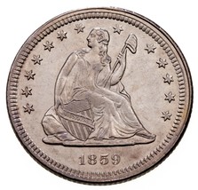 1859 25C Seated Quarter in AU Condition, Excellent Eye Appeal, Strong Lu... - £259.26 GBP