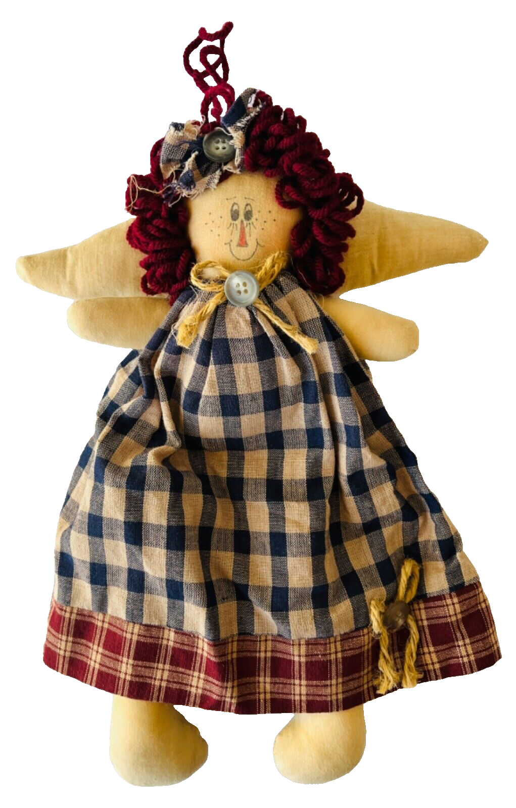 Primary image for Primitive Folk Art Angel Doll Raggedy Ann Face Homespun Dress Buttons Bows 12.5"