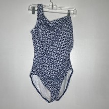 Talbots One Shoulder Swimsuit 14 Blue White Geo Print Tummy Control Swim - $34.66 CAD