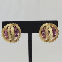 Lisner Pink Rhinestone Gold Tone Clip On Earrings Open Work Leaf Round V... - $14.36