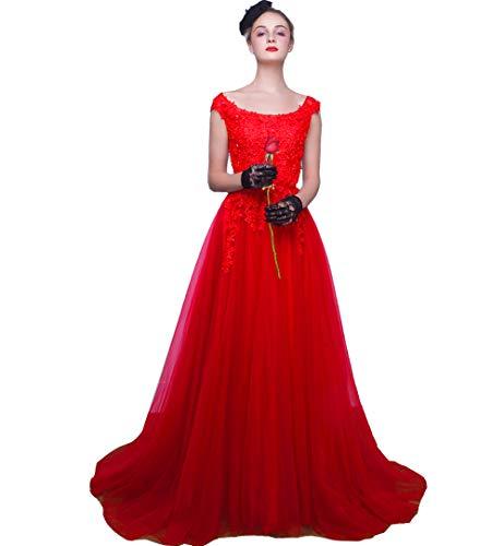 Scoop Neck Beaded Lace Appliques Long Tulle A Line Prom Evening Dress Red US 12