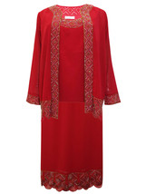 RUBY-RED Bead &amp; Sequin Embellished Top,Duster,Jacket &amp;Skirt Suit Set Size 16- 42 - £65.83 GBP