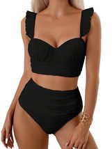 Vintage Two Pieces Bikini Sets for Woman Solid Color Ruffle Trim High Wa... - $32.66