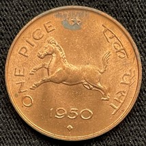 1950 B India 1 Pice Horse Coin Bombay Mint Uncirculated+ Red - $17.82