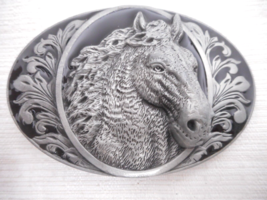 3D Horse Head Embossed Belt Buckle Silver Black Color Enamel 3 1/4&quot; W x 2 1/4&quot; T - £11.98 GBP
