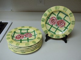 Hausenware Libby Wilkie Stoneware ~ Set of 6 Salad Plates Yellow With Roses - $41.82