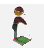 Vintage Stained Glass &amp; Metal Golfer Putting on Green SunCatcher 6” Pape... - $19.62