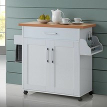White Wooden Kitchen Trolley Cart Rolling Storage Utility Cabinet Natural Top - £209.16 GBP