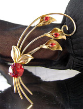 Vintage Retro Calla Lily Gold Filled Brooch Big Red Rhinestone Signed Ad... - £32.77 GBP