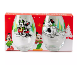 NEW Disney Mickey &amp; Minnie Holiday Magic 19 oz Stemless Wine Glasses Set of 2 - £10.35 GBP