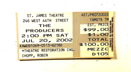 The Producers NYC Broadway St. James Theatre July 20 2002 ticket stub Ex... - £5.42 GBP