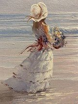 Vintage American Folk Original Oil Painting Woman Beach Seagulls Nautical SIGNED - £117.00 GBP