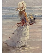 Vintage American Folk Original Oil Painting Woman Beach Seagulls Nautica... - £116.15 GBP