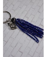 Blue Tassel Rhinestone Crystal Silver Puffed Heart Keychain Handmade New - $19.79