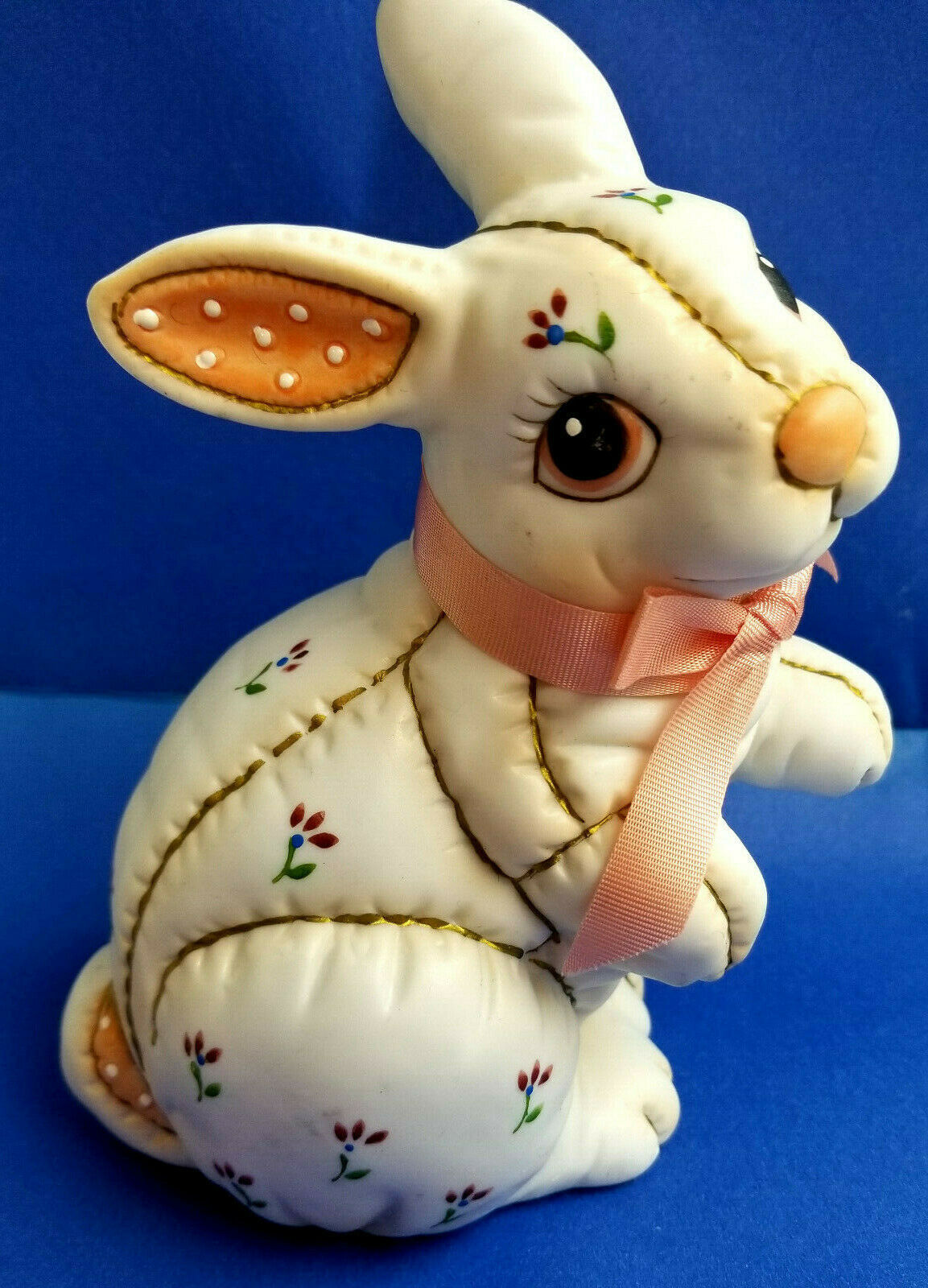 Lefton 1987 Easter Bunny Rabbit Figurine Statue White Pink Looks Like Quilted  - £29.72 GBP