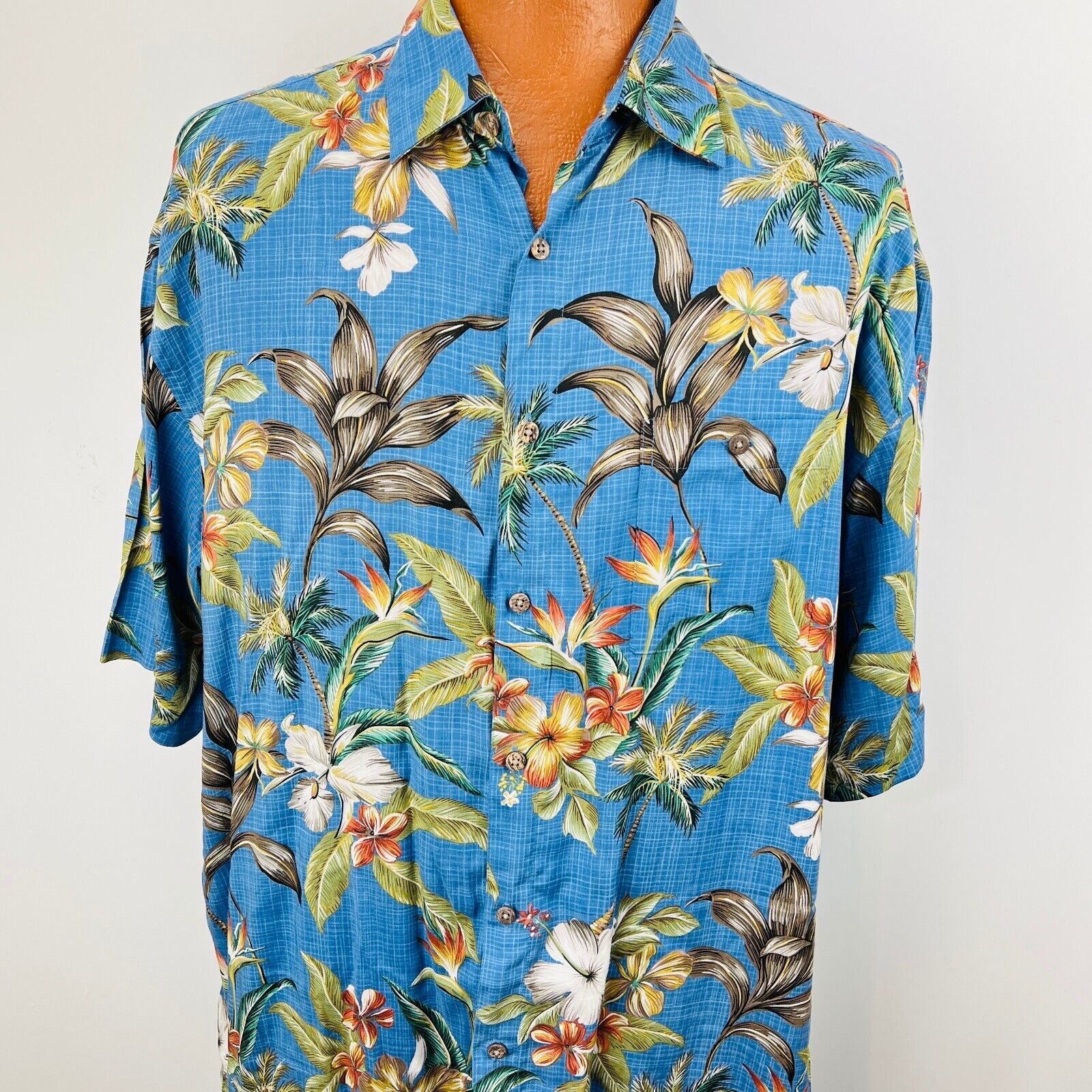 Campia Moda Hawaiian Aloha XL Shirt Hibiscus Flowers Palm Trees Plumeria Blue Item image 3