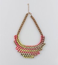 Handwoven Ribbon Bib Necklace - Neon Accents &amp; Metallic Chain - Bold Statement J - £21.99 GBP