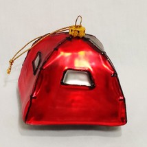 Camping Tent Red Christmas Glass Metal Ornament 2.5&quot; Silver Glitter Black - £14.97 GBP