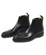 MEN'S HANDMADE BLACK SLIP ON CHELSEA ANKLE HIGH LEATHER BOOTS / SHOES - $159.99