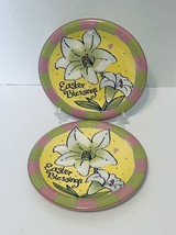 Cracker Barrel Flower Power 2 Luncheon Plates Easter Blessings Lily Pink Yellow - £15.47 GBP