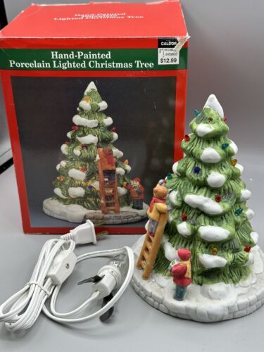 Christmas Tree Lemax  Decorating the Tree Lights-Up Ladder Snow Porcelain 1992 - £13.95 GBP