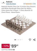 Marble Chess Set 15 Inches Grey Oceanic and White Handmade Chess Set - $88.11