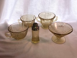 5 Pieces Amber Madrid 2 Cups Salt Shaker Sugar And Sherbet Depression Gl... - $15.99
