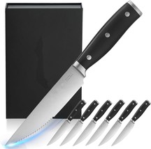 Steak Knives Set of 6, Black Steak Knives - Serrated High Carbon Stainle... - £15.37 GBP
