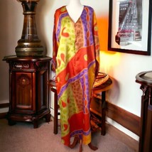 Vintage Satin Kaftan Lounge Dress Colorful Muu Muu Housecoat Robe 90s Mrs Roper - £39.55 GBP