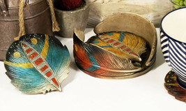 Rustic Western Indian Turquoise Eagle Feather Coaster Holder W/ 4 Round Coasters - £21.15 GBP