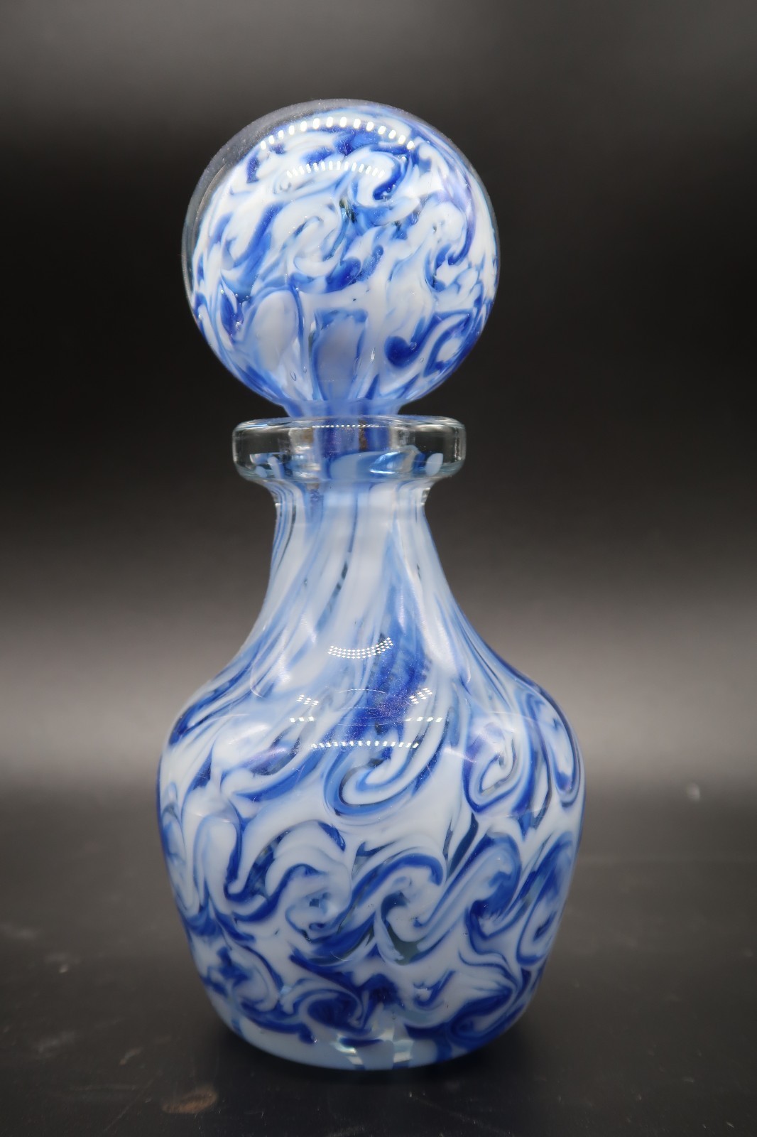 Vintage Blue White Swirl Hand Blown Art Glass Perfume Bottle And Stopper... - $49.99