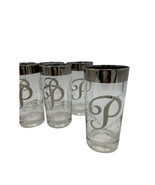 Silver Rim P Monogram Highball Glasses set of 7 MCM 5.5&quot; T Vintage Mid C... - $49.48