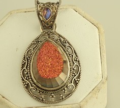 Vintage Sterling Silver Sajen 925 Orange Pink Druzy and mystic topaz Pendant - £59.35 GBP