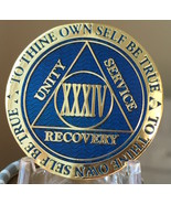34 Year AA Medallion Blue Gold Plated Alcoholics Anonymous Sobriety Chip... - $18.99