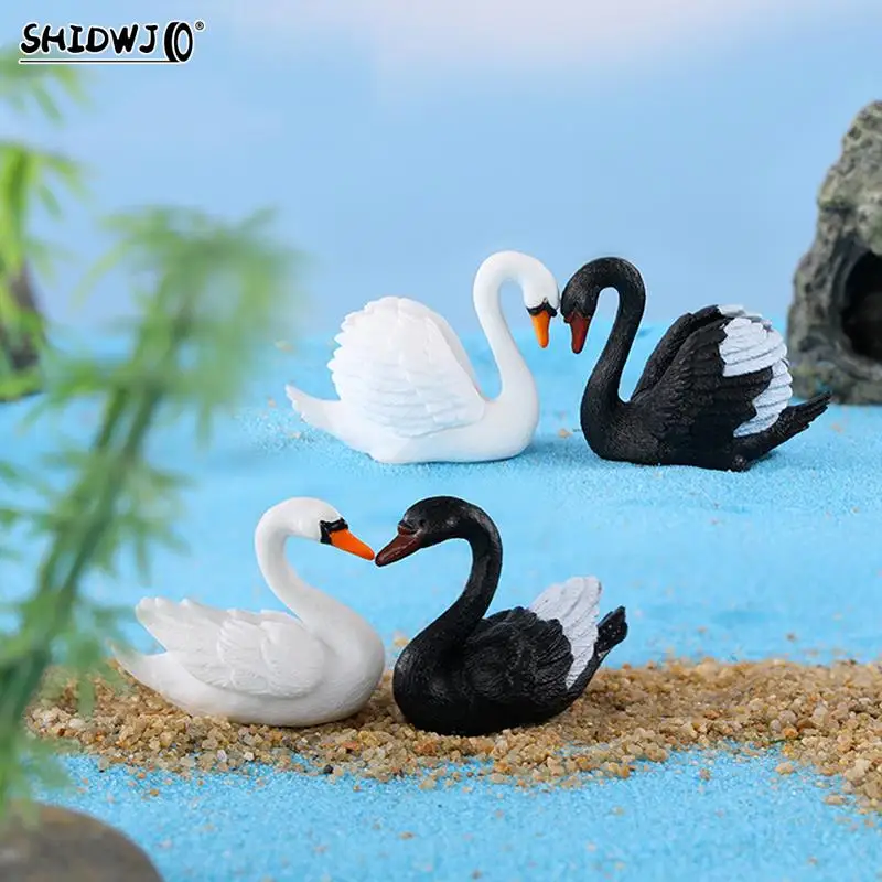 2PCS/Set Mini Black White Swan Animal Figurines Bonsai Home Fairy Garden - £9.77 GBP