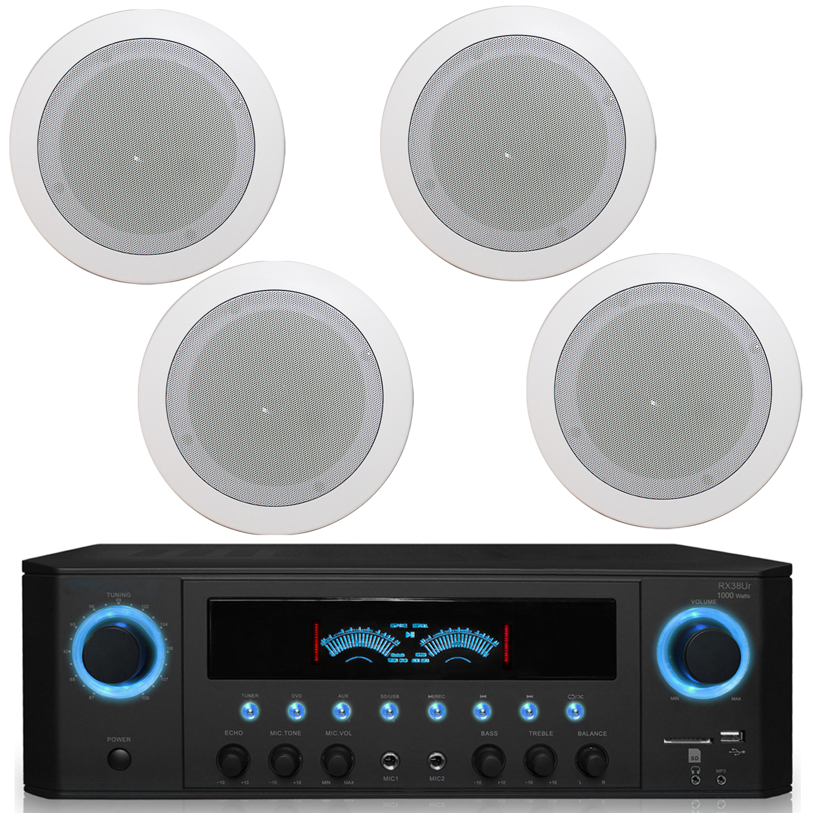 Tpro 2-Ch 1000W Bluetooth Home Receiver Plus (Qty 4) In-Ceiling Stereo Speakers - $239.99