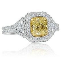 1.90Ct Light Yellow Cushion Trillion Side Diamond Engagement Ring 18k White Gold - $4,553.01