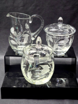 Vintage Floral Etched Glass 5 Piece Cream, Sugar And Spooner Set With Tops - $23.31