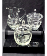Vintage Floral Etched Glass 5 Piece Cream, Sugar And Spooner Set With Tops - $23.31