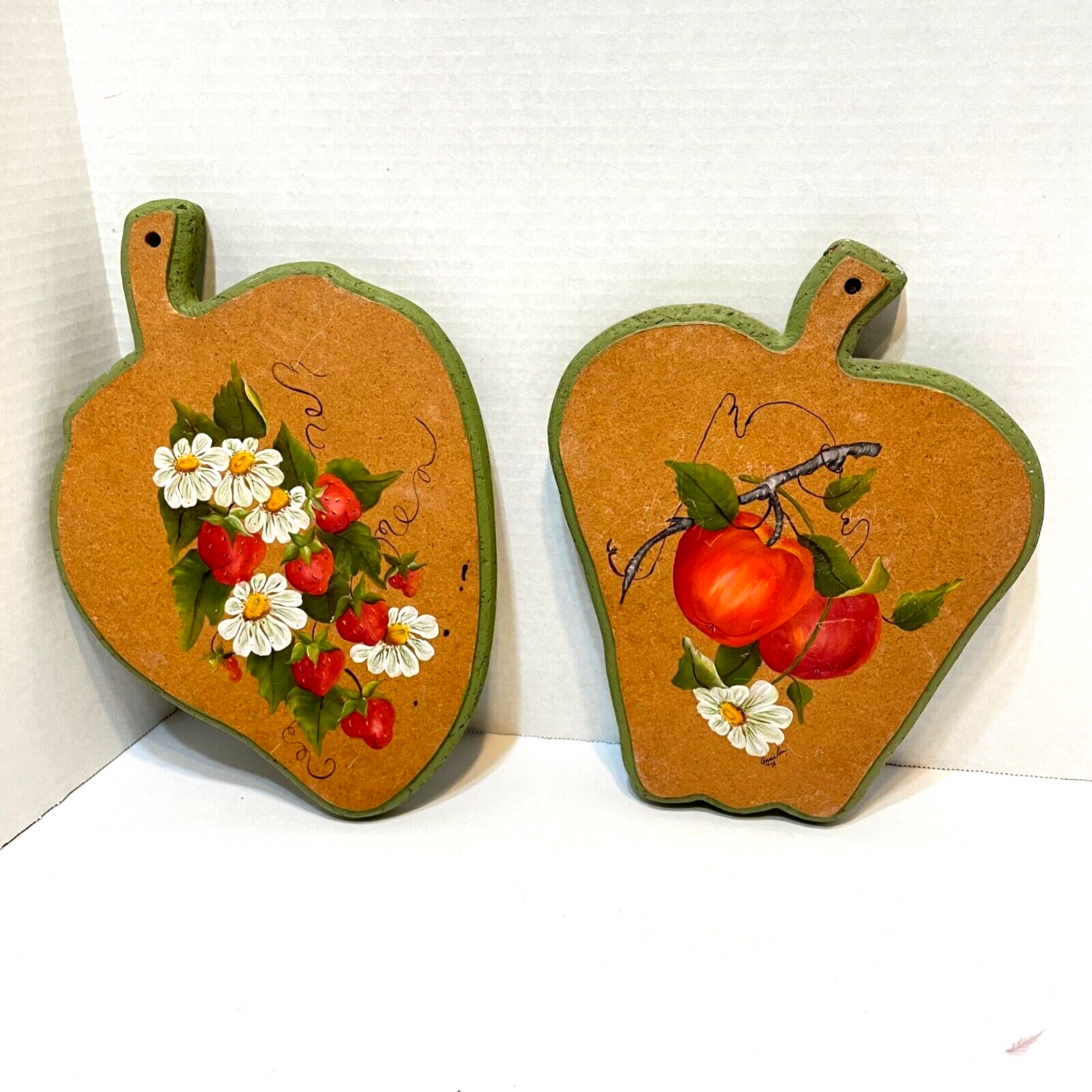Primary image for Vintage 1976 Hand Painted Wall Plaques Decor Signed Strawberries Apples Lot 2