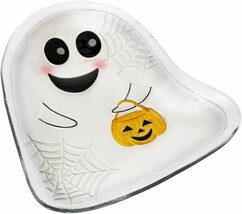 Ghost Halloween Glass Serving Plate Platter 12.25 x 11.25 Pumpkin Spiderweb - $32.00