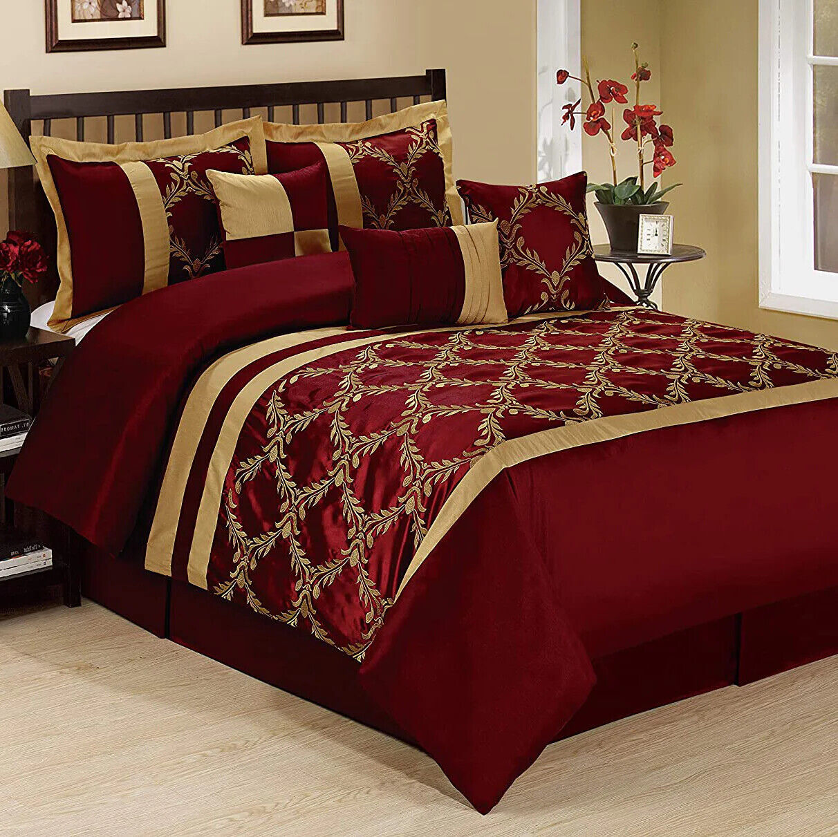 Primary image for HIG 7PC Comforter Set Bed in a Bag Taffeta Fabric Embroidered Bed for Room Decor