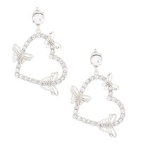 3D Butterfly Clear Rhinestone Heart Drop Silver Fashion Valentine Day Earrings - £28.20 GBP