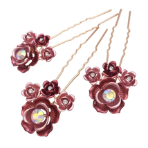 3PCS Romantic Red Rose Flower Gold Hair Styling Pins Accessories for Bun Updo Wo - £9.17 GBP