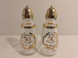 Kitchenware Golden 50th Anniversary Glass Salt and Pepper Shakers Foy Glassware - £15.72 GBP