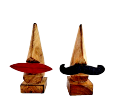 Wooden Nose Shaped Eyeglass Holder Stand Black Moustache Men Red Lips Women - $19.79