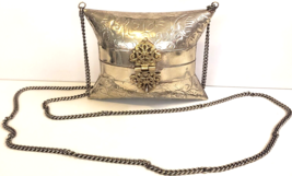 Vtg Pillow Purse Hammered Played Metal Handbag Silver Tone Art Deco Velvet Lined - £34.80 GBP