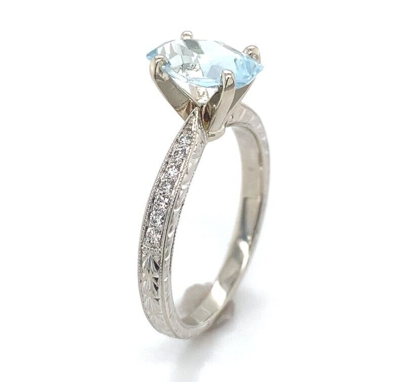 14k Gold Ring w/ Specialty Cut Genuine Natural Aquamarine Hand Engraved (#J6547) Item image 3